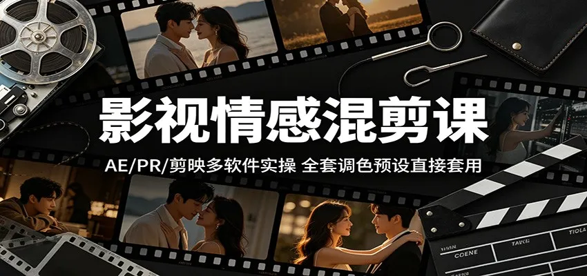 影视情感混剪课：AE/PR/剪映多软件实操，全套调色预设直接套用_趣客盟
