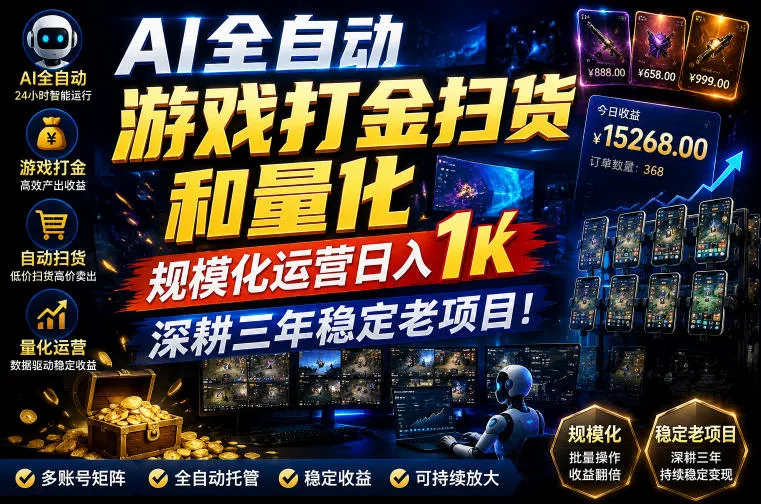 AI全自动游戏打金扫货和量化,规模化运营日入1k,深耕三年稳定老项目!【揭秘】 AI全自动游戏打金扫货和量化,规模化运营日入1k,深耕三年稳定老项目!【揭秘】