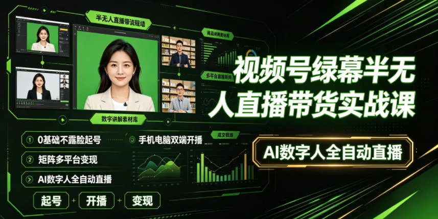 视频号绿幕直播带货攻略:0基础不露脸,手机电脑双端开播,矩阵多平台AI数字人全自动变现教程_趣客盟