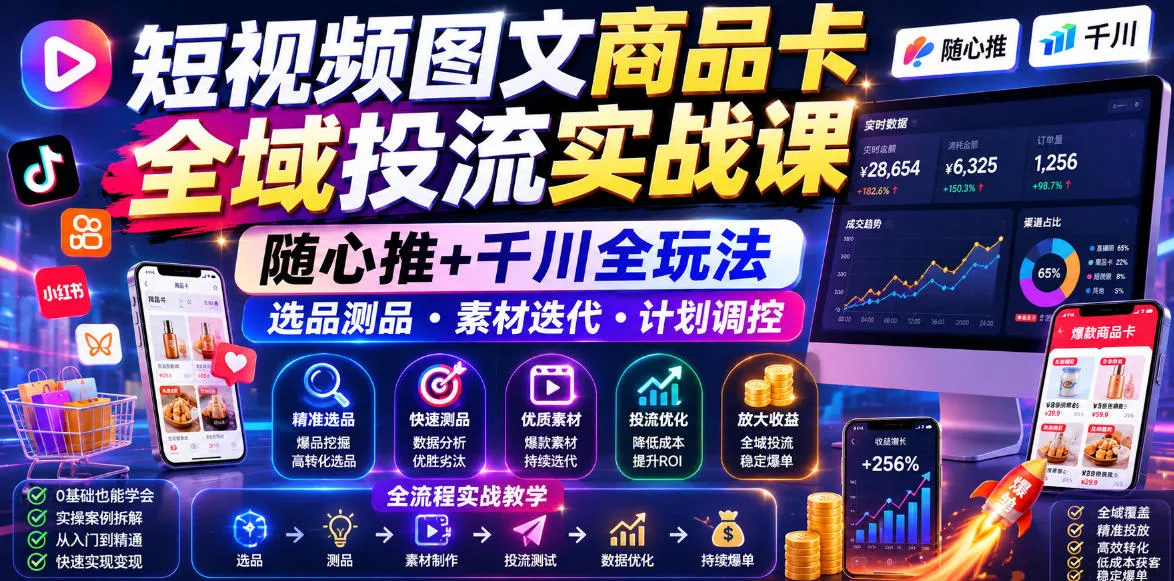 短视频图文商品卡全域投流实战课，随心推+千川全玩法，选品测品・素材迭代・计划调控，提升ROI爆单增收教程_趣客盟