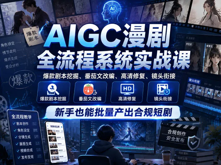 AIGC漫剧全流程系统实战课，爆款剧本挖掘、番茄文改编、高清修复、镜头衔接，新手也能批量产出合规短剧_趣客盟