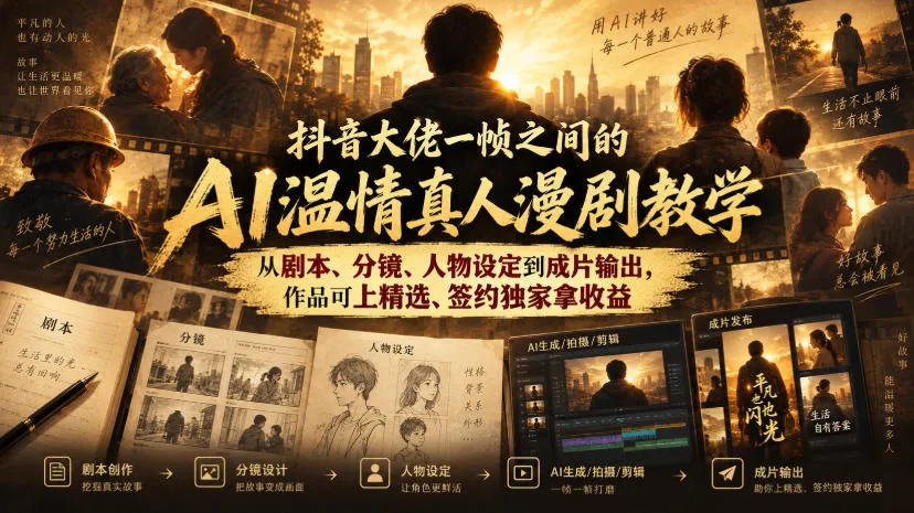 抖音AI温情真人漫剧教学攻略：剧本创作+分镜技巧+人物设定+成品制作，轻松上精选、签约独家享收益 - 趣客盟