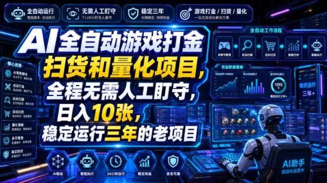 AI全自动游戏打金扫货+量化交易项目，24小时无人值守，日赚10金，稳定运营3年之久，揭秘高效赚钱秘籍_趣客盟