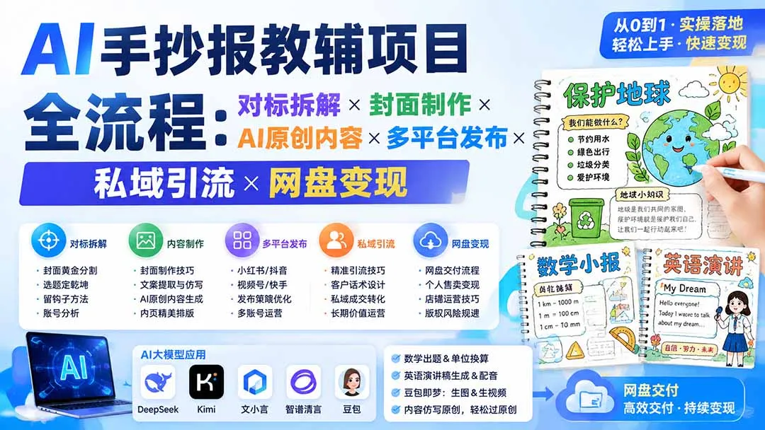 AI手抄报教辅项目全攻略：对标拆解+封面设计+AI生成内容+多平台推广+私域运营+网盘盈利全解析 - 趣客盟