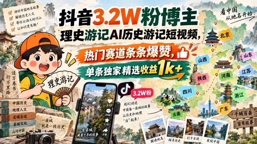 抖音AI历史游记短视频制作教程:3.2W粉丝博主经验分享,热门赛道爆款秘诀,单条收益可达1000+ - 趣客盟