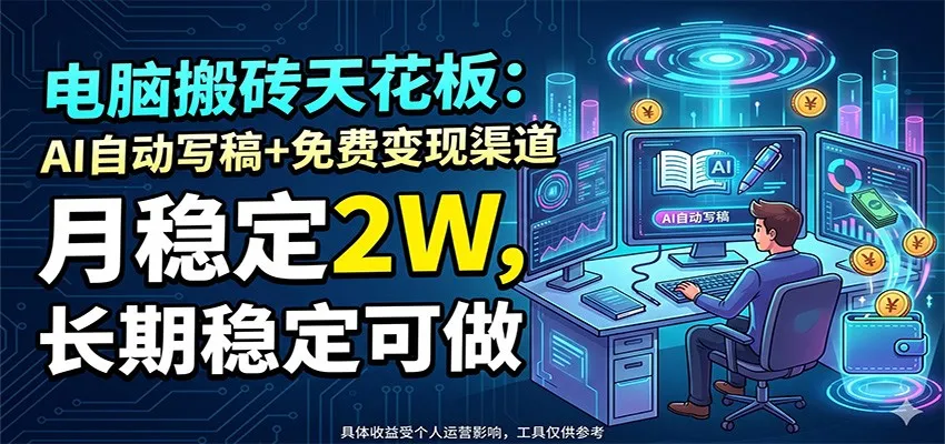 电脑搬砖天花板：AI自动写稿+免费变现渠道，月稳定2W，长期稳定可做_趣客盟