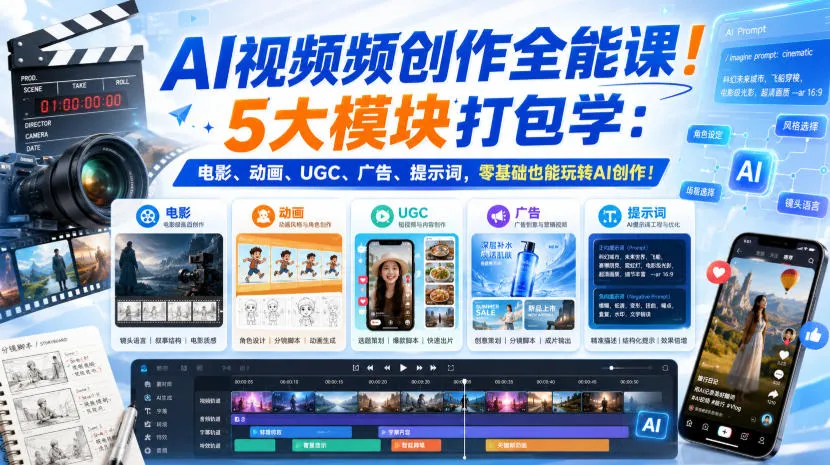 AI视频频创作全能课!5大模块打包学:电影、动画、UGC、广告、提示词,零基础也能玩转AI创作!【原创双语字幕】 AI视频频创作全能课!5大模块打包学:电影、动画、UGC、广告、提示词,零基础也能玩转AI创作!【原创双语字幕】