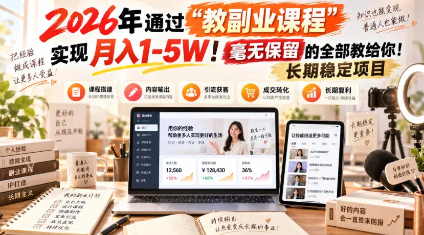 2026年通过“教副业课程”实现月入1-5W！毫无保留的全部教给你！长期稳定项目【揭秘】 - 趣客盟