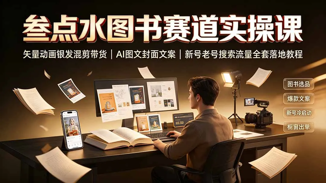 叁点水图书赛道实战课程：矢量动画银发混剪带货+AI图文封面文案+新老号搜索流量优化教程_趣客盟