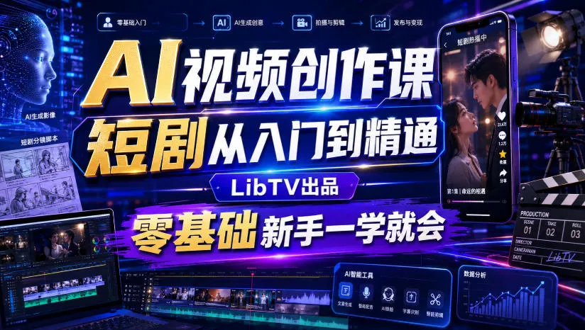 AI视频创作课程:从零基础学短剧制作到精通 - LibTV出品,轻松入门!_趣客盟