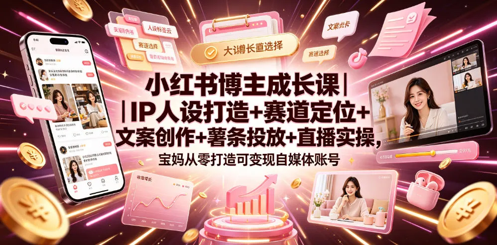 小红书IP打造攻略:宝妈成长课,全方位自媒体运营指南,赛道定位+文案+薯条投放+直播实战,打造可变现账号_趣客盟