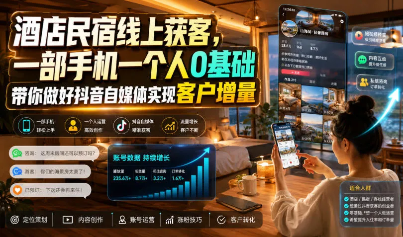 酒店民宿线上拓客攻略：抖音自媒体0基础起步，一机一人助你实现客户增长策略_趣客盟