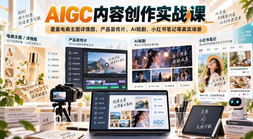 AIGC内容创作实战课,覆盖电商主图详情图、产品宣传片、AI短剧、小红书笔记等真实场景 AIGC内容创作实战课,覆盖电商主图详情图、产品宣传片、AI短剧、小红书笔记等真实场景