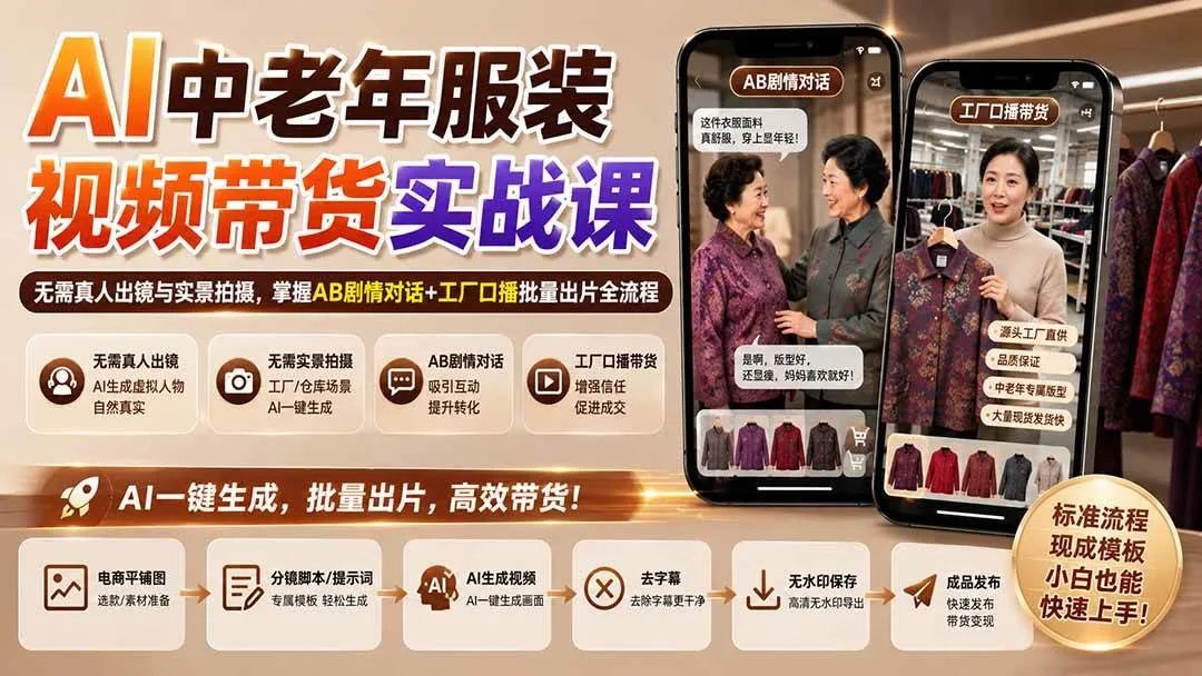 AI中老年服装带货课程：零真人出镜&实景，AB剧情对话+工厂口播，批量制作视频全攻略 - 趣客盟