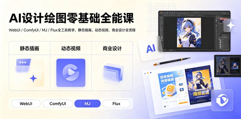 AI绘图全链路精通课｜WebUI、ComfyUI、MJ、Flux工具全掌握，涵盖静态插画、动态视频、商业设计全方位教学_趣客盟