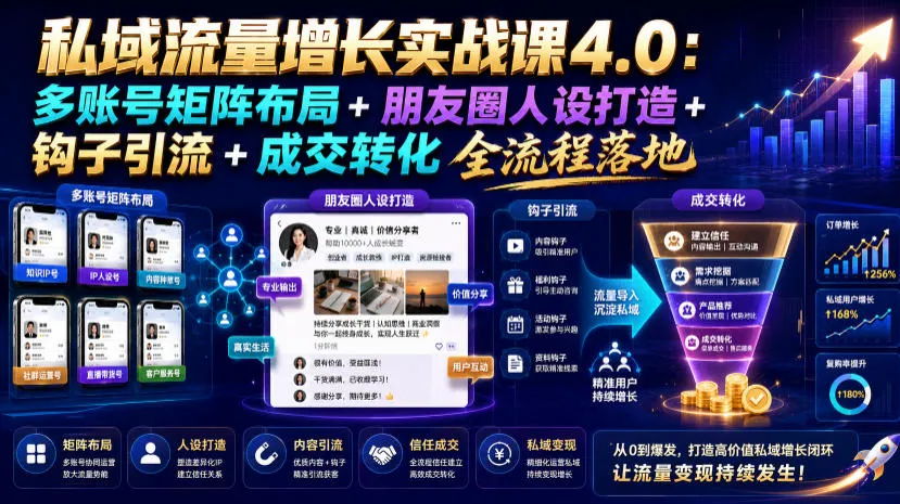 私域流量增长实战课4.0：矩阵式多账号布局+朋友圈人设塑造+高效钩子引流+成交转化全链路实操攻略_趣客盟