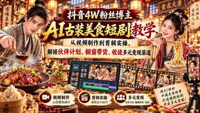 抖音4W粉丝博主AI古装美食短剧教学,从视频制作到剪辑实操,解锁伙伴计划、橱窗带货、收徒多元变现渠道 抖音4W粉丝博主AI古装美食短剧教学,从视频制作到剪辑实操,解锁伙伴计划、橱窗带货、收徒多元变现渠道