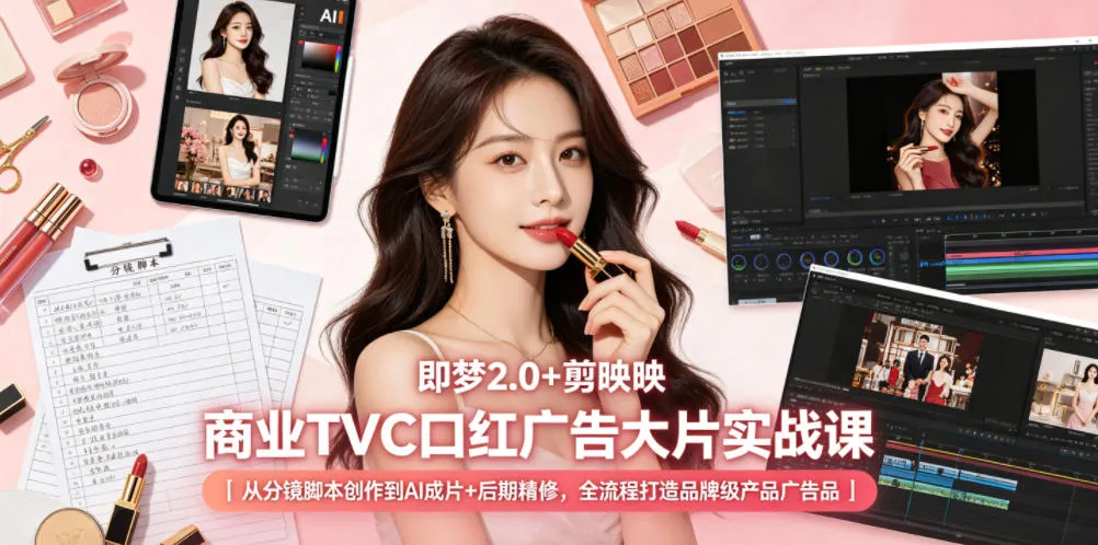 即梦2.0+剪映商业TVC口红广告大片实战课｜从分镜脚本创作到AI成片+后期精修，全流程打造品牌级产品广告_趣客盟