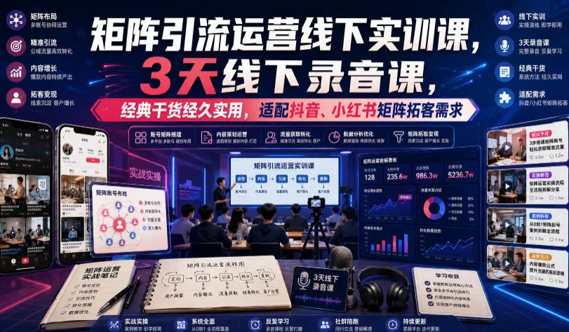 抖音小红书矩阵引流实战实训课：3天线下深度录音，干货满满，经典策略，助力拓客需求优化_趣客盟