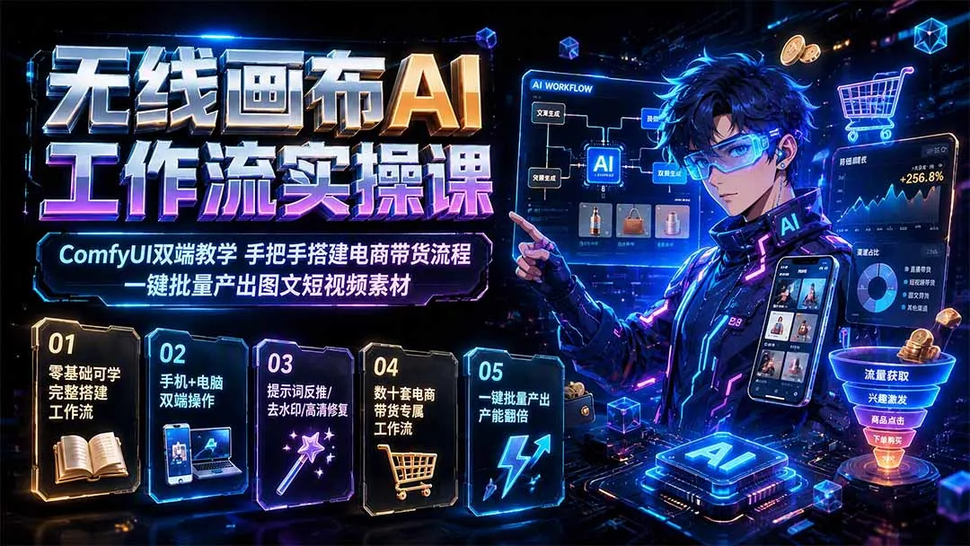 无线画布AI工作坊:ComfyUI全端实操教学,轻松搭建电商带货流程,一键批量生成图文短视频素材教程_趣客盟