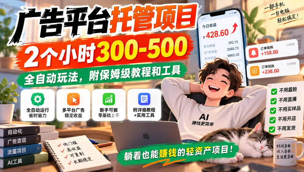 广告平台托管项目,2个小时300-500,全自动玩法,附保姆级教程和工具【揭秘】