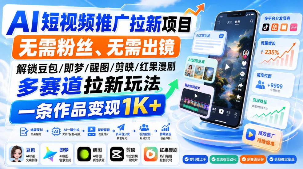 【无需粉丝&出镜】AI短视频拉新秘籍，多平台一键解锁豆包/即梦/醒图/剪映/红果漫剧，作品变现1K+，更新至0918！ - 趣客盟