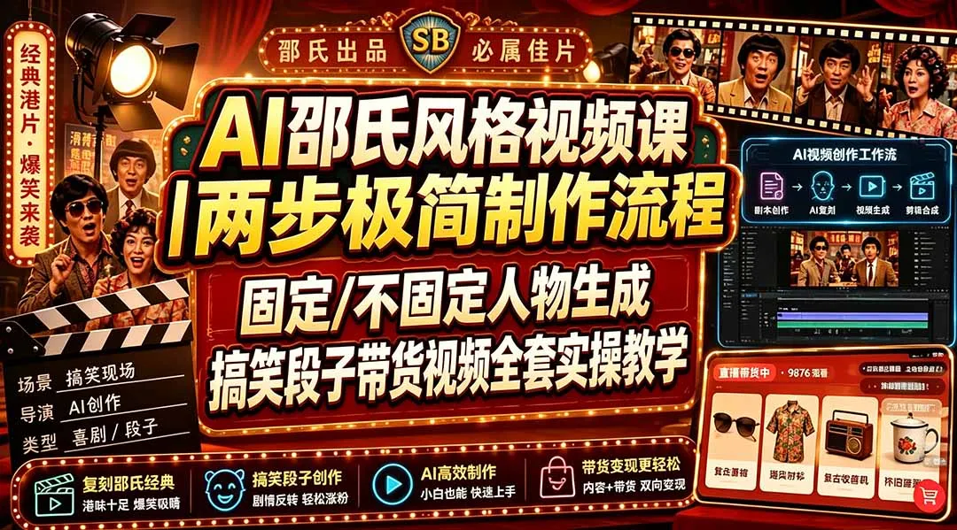 AI邵氏风格短视频课 | 极简两步制作法，人物固定/自由切换，搞笑段子带货教学全流程实操_趣客盟