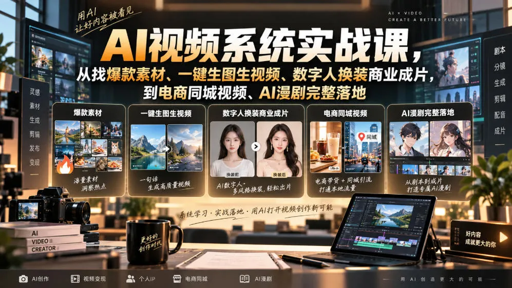 AI视频系统实战课,从找爆款素材、一键生图生视频、数字人换装商业成片,到电商同城视频、AI漫剧完整落地 AI视频系统实战课,从找爆款素材、一键生图生视频、数字人换装商业成片,到电商同城视频、AI漫剧完整落地