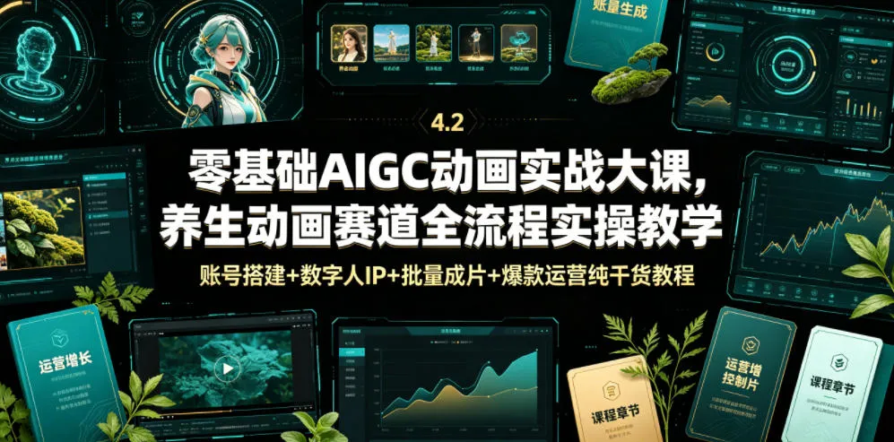 AIGC动画实战课程：零基础入门，养生动画全流程教学，包含账号搭建、数字人IP、批量成片与爆款运营技巧_趣客盟
