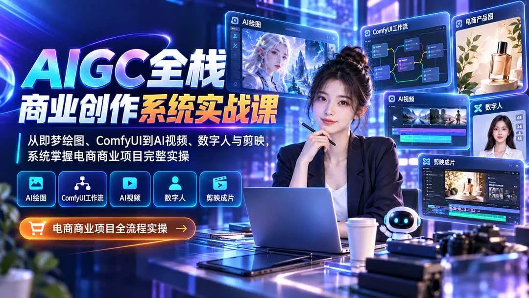 【实战教学】AIGC全栈商业创作系统攻略：涵盖即梦绘图、ComfyUI、AI视频、数字人与剪映，电商项目实操全解析 - 趣客盟