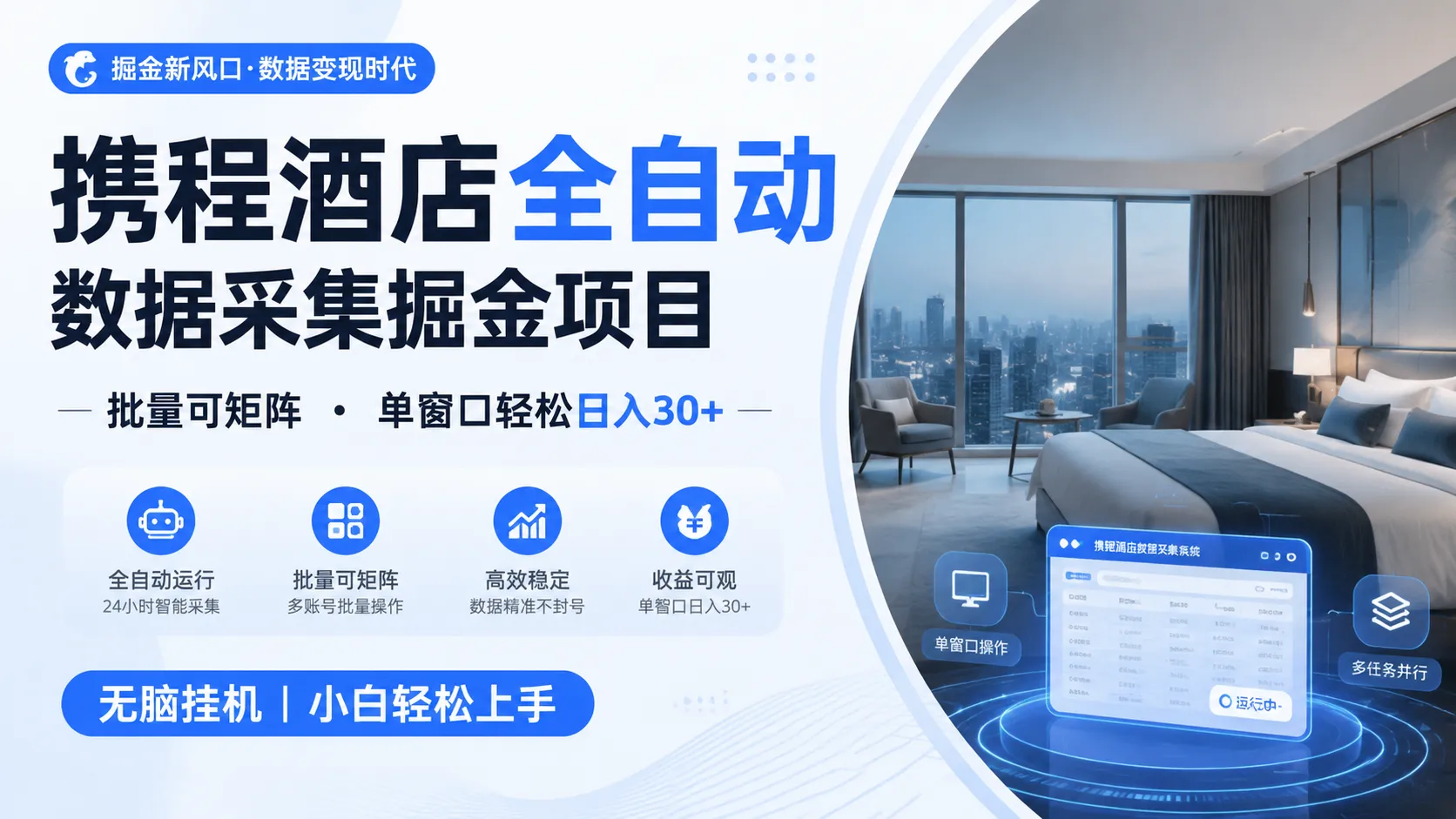 携程酒店全自动数据采集，矩阵批量操作，单窗口日赚30+，SEO优化标题_趣客盟