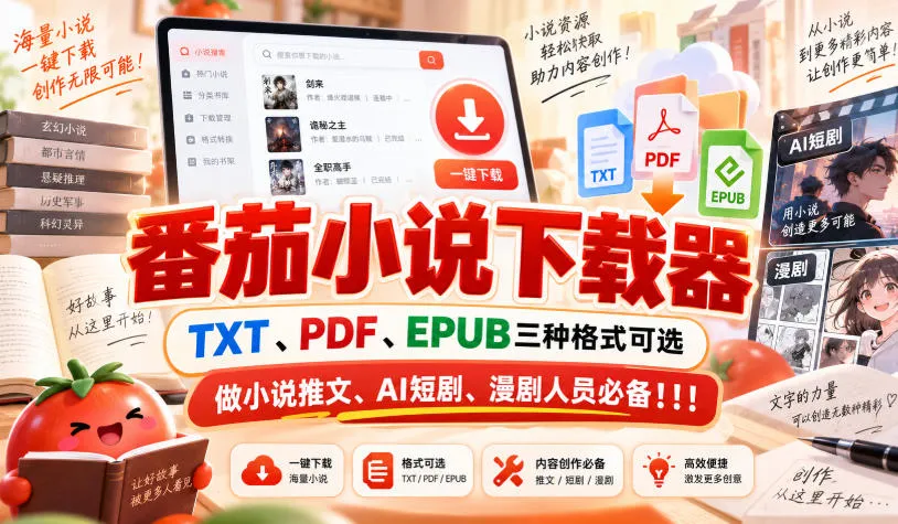 番茄小说多功能下载器:TXT、PDF、EPUB格式一键转换,小说推文、AI短剧、漫剧创作必备工具! - 趣客盟