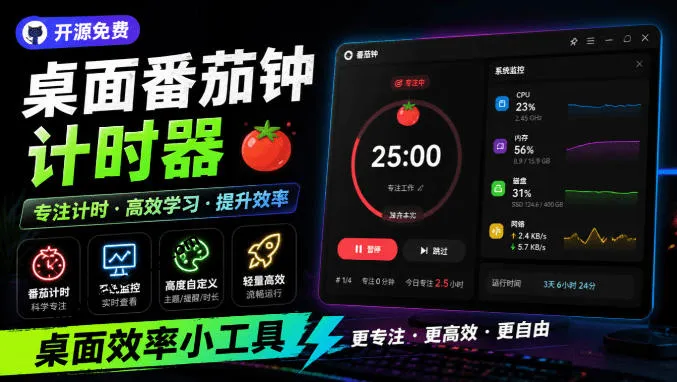 极简1.16MB开源时钟+番茄钟+系统监控，桌面效率神器Catime一键提升效率_趣客盟