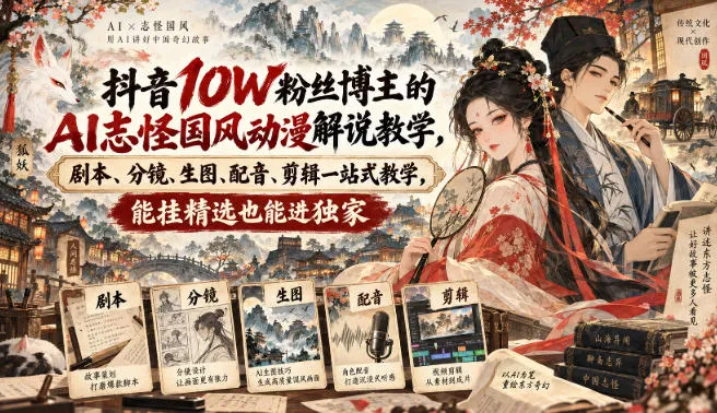 抖音AI志怪国风动漫解说教学:10W粉丝博主满堂诡事攻略,剧本、分镜、生图、配音、剪辑全流程教学,精选挂载&独家推荐! - 趣客盟