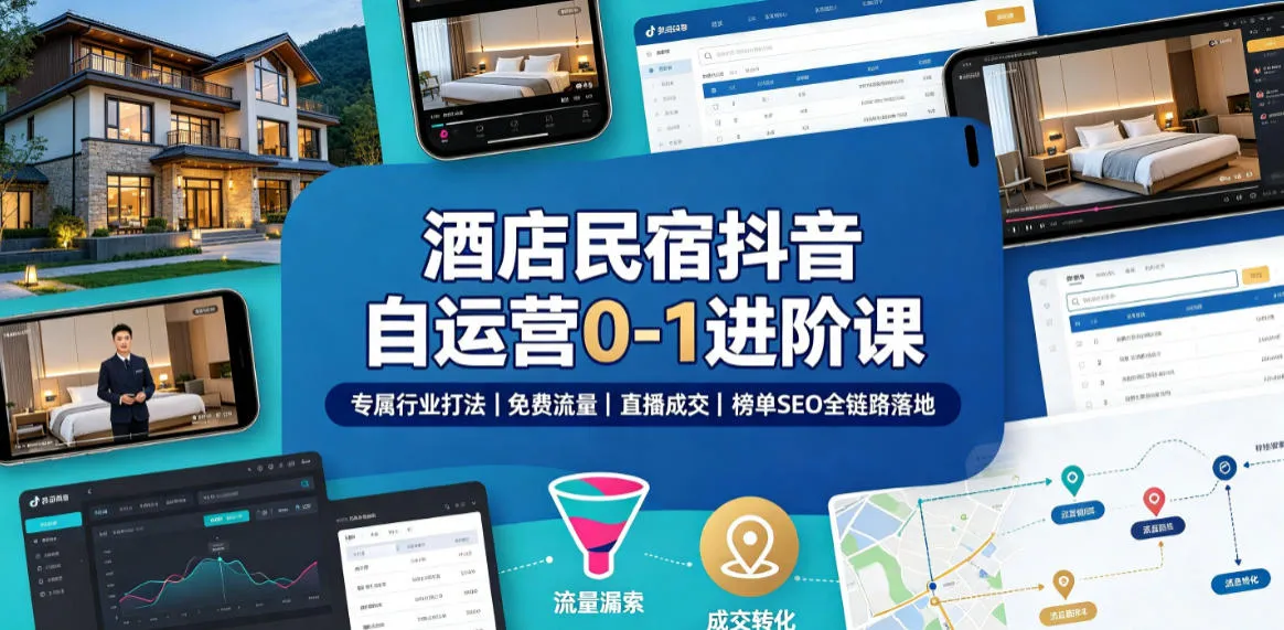 酒店民宿抖音运营实战课：全链路SEO+直播成交+免费流量策略，行业专属0-1进阶指南_趣客盟