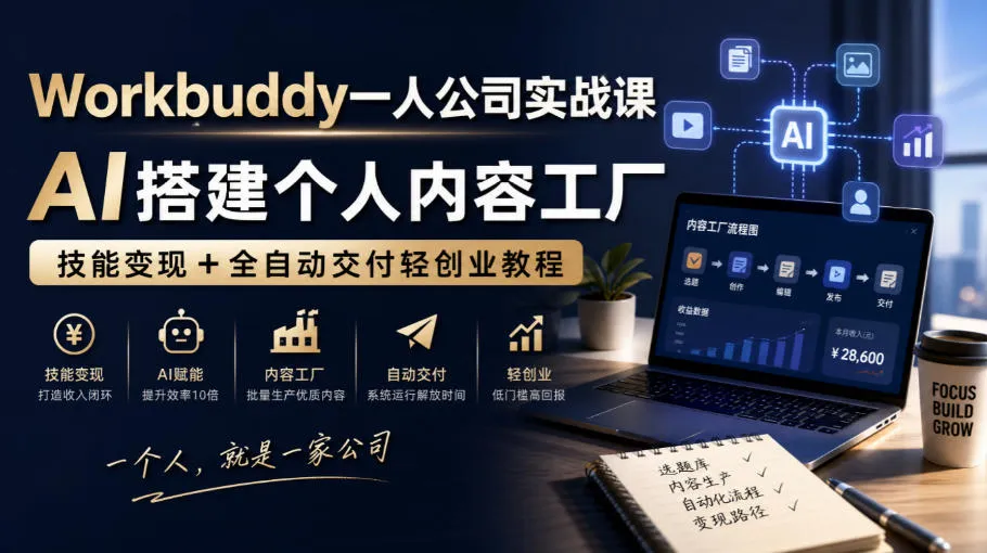 AI赋能个人内容工厂：Workbuddy轻创业实战课，技能变现+全自动交付教程 - 趣客盟