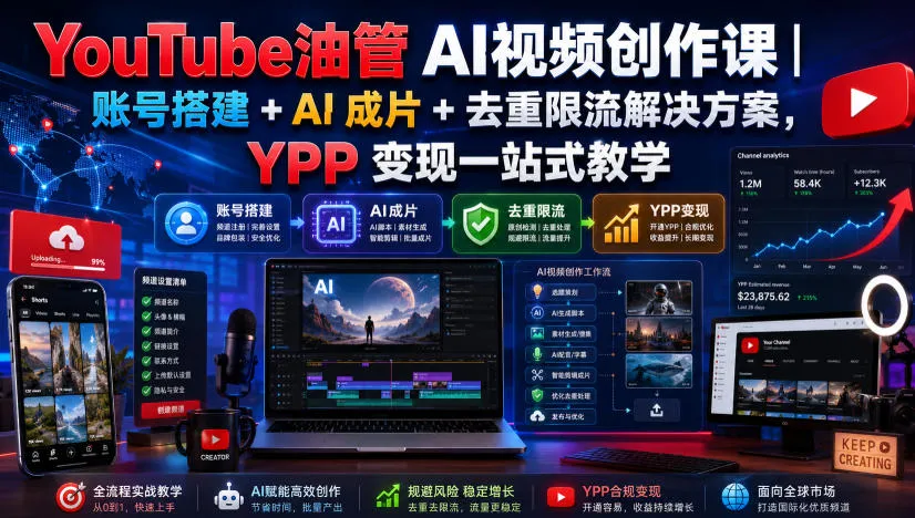 YouTube油管AI视频创作全攻略：账号搭建、AI视频制作、去重限流+YPP变现教程一站式学习_趣客盟
