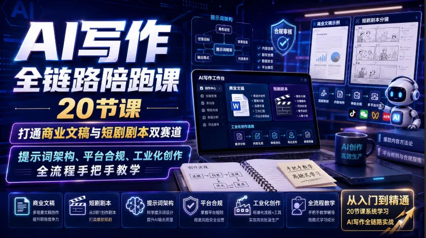 AI写作全链路实战课：20节课程解锁商业文稿与短剧剧本创作，涵盖提示词构建、平台合规与工业化写作全攻略 - 趣客盟