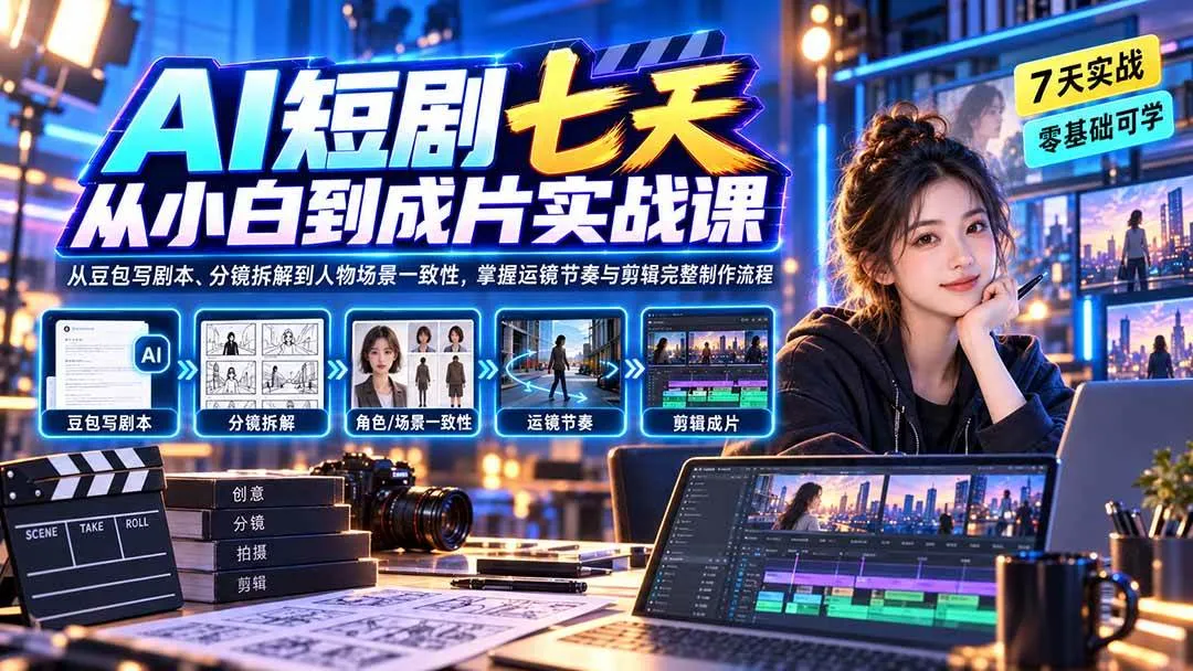 (20329期)AI短剧七天从小白到成片实战课:从豆包写剧本、分镜拆解到人物场景一致性,掌握运镜节奏与剪辑完整制作流程 (20329期)AI短剧七天从小白到成片实战课:从豆包写剧本、分镜拆解到人物场景一致性,掌握运镜节奏与剪辑完整制作流程