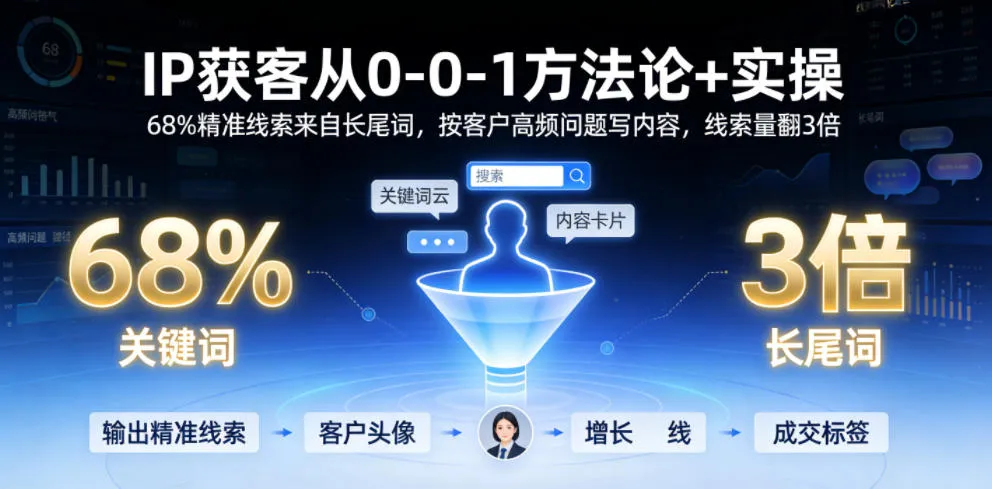 IP获客从0-1方法论+实操，68%精准线索来自长尾词，按客户高频问题写内容，线索量翻3倍_趣客盟