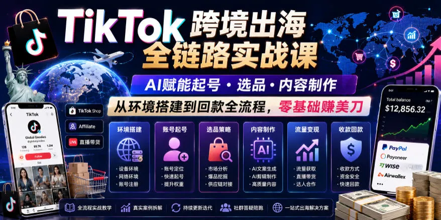 TikTok跨境出海全链路实战课，AI赋能起号・选品・内容制作，从环境搭建到回款全流程，零基础賺美刀_趣客盟