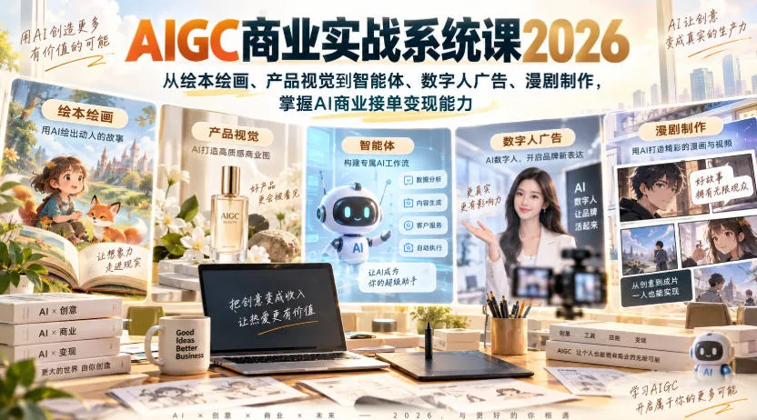 2026年AIGC商业实战课程：绘本绘画、产品视觉、智能体、数字人广告与漫剧制作，解锁AI商业接单变现之道 - 趣客盟