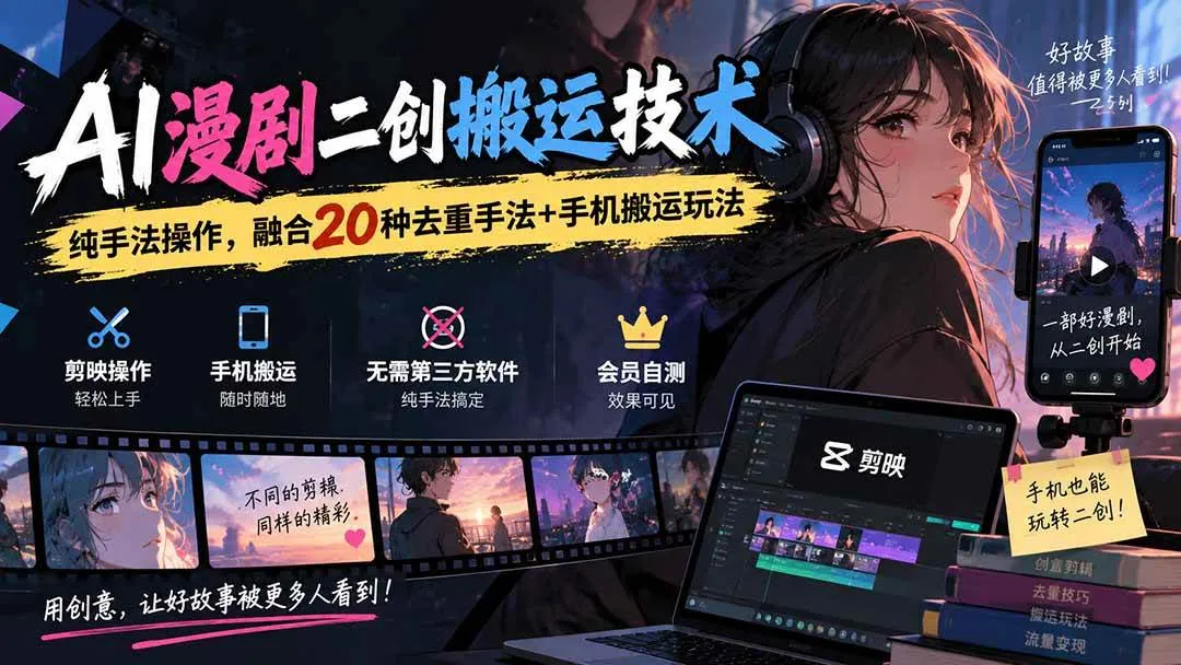 （20551期）AI漫剧二创搬运技术，纯手法操作，融合20种去重手法++手机搬运玩法