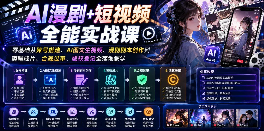 AI图文视频创作与漫剧剪辑实战课程 | 账号搭建+剧本创作+AI生图视频+剪辑技巧+过审指南+版权登记全攻略_趣客盟