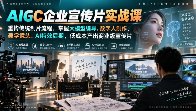 AIGC企业宣传片实战课,重构传统制片流程,掌握大模型编导、数字人制作、美学镜头、AI特效后期,低成本产出商业级宣传片 AIGC企业宣传片实战课,重构传统制片流程,掌握大模型编导、数字人制作、美学镜头、AI特效后期,低成本产出商业级宣传片