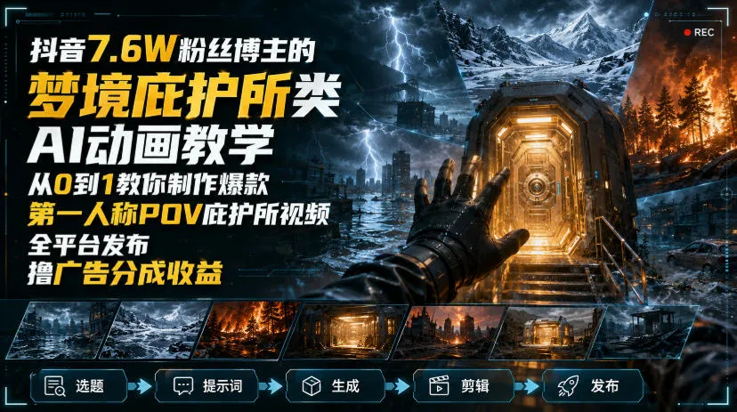 抖音爆款制作攻略:7.6W粉丝博主揭秘AI动画梦境庇护所教学,全平台POV庇护所视频制作教程,轻松上手赚广告分成 - 趣客盟