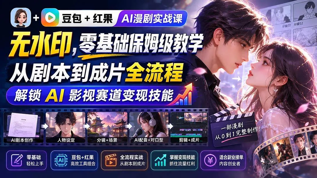 【豆包+红果AI漫剧实战课】零基础入门教程，全流程剧本到成片，解锁AI影视变现技巧，高清无水印教学！ - 趣客盟