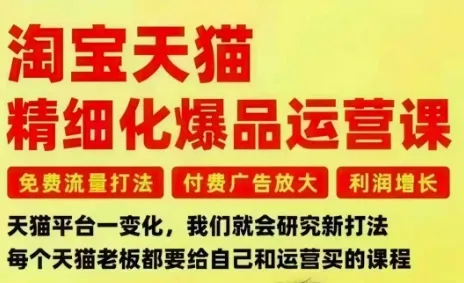 淘宝天猫精细化爆品运营课，免费流量打法-付费广告放大-利润增长-三大核心痛点，一次全部解决-趣酷猫资源网