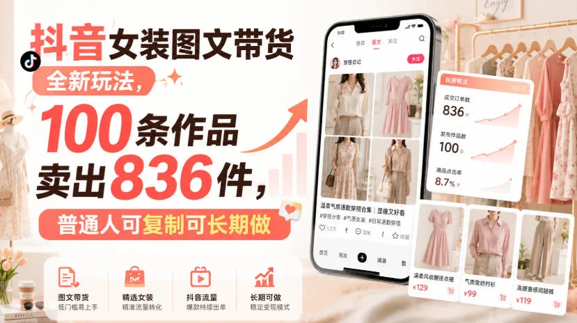抖音女装图文带货全新玩法,100条作品卖出836件,普通人可复制可长期做 - 趣客盟