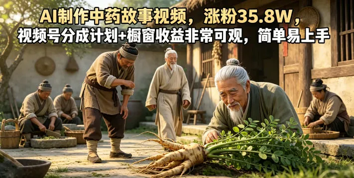 AI制作中药故事视频，涨粉35.8W，视频号分成计划+橱窗收益非常可观，简单易上手_趣客盟